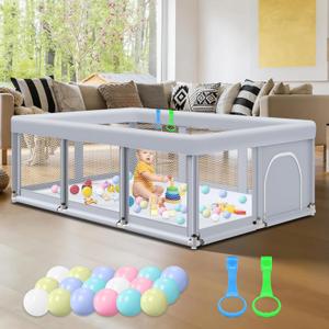 Fshibila 74" 50" Large Baby Playpen, Baby Playard for Babies and Toddlers, PlayPen for Indoor & Outdoor, Sturdy Safety Play Yard with Soft Breathable Mesh, Anti-Fall, Ball x 18, Handle x 2, Grey