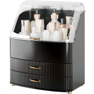 Makeup Organizer Countertop Vanity with Transparent Lid Drawers Waterproof Dustproof Cosmetic Skincare Bathroom Storage Gift for Women Teens Girls (Black)