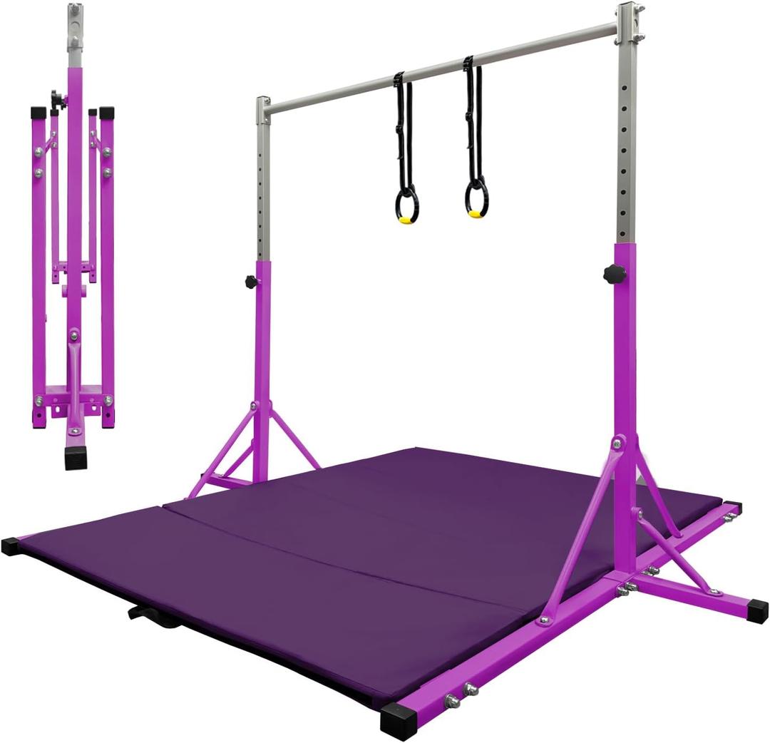 Gymnastics Bar for Kids Girls Ages 3-15 with Ring for Home Indoor Training Equipment- Steady Steel Construction, Anti-Slip, Easy to Assemble, 3' to 5' Adjustable Height
