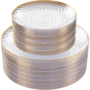 Rubtlamp 60Pcs Clear Plastic Plates, Clear Disposable Plates With Gold Rim, Heavy-duty Gold Plates, Hammered Party Plates Include 30Clear Dessert-Platos, 30Dinner-Platos for Wedding, Party