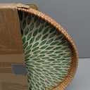 Tiangrid 16 inch Round Rattan Tray with Mother of Pearl Inlay Wicker Serving Tray with Wooden Base Boho Decorative Wicker Basket for Table Decor Bathroom Candle Perfume (Green Leaf)