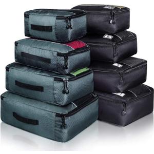 Packing Cubes Luggage Bags Organizer Durable Travel Accessories With Clothing Label (8 set - Black/Grey)