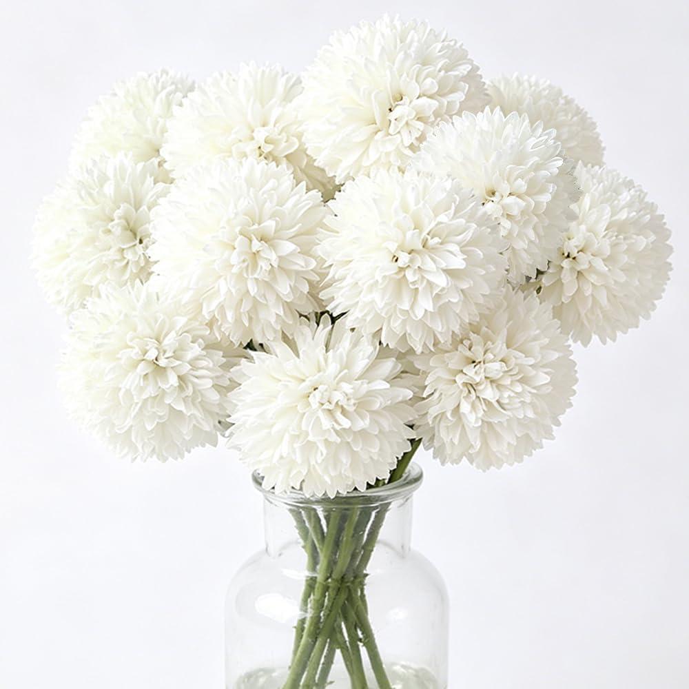 Tinsow 12 Pcs Artificial Flowers Faux Ball Chrysanthemum Bouquet Silk White Flowers Bridal Wedding Bouquet for Home Garden Party Wedding Decoration (White, 12)
