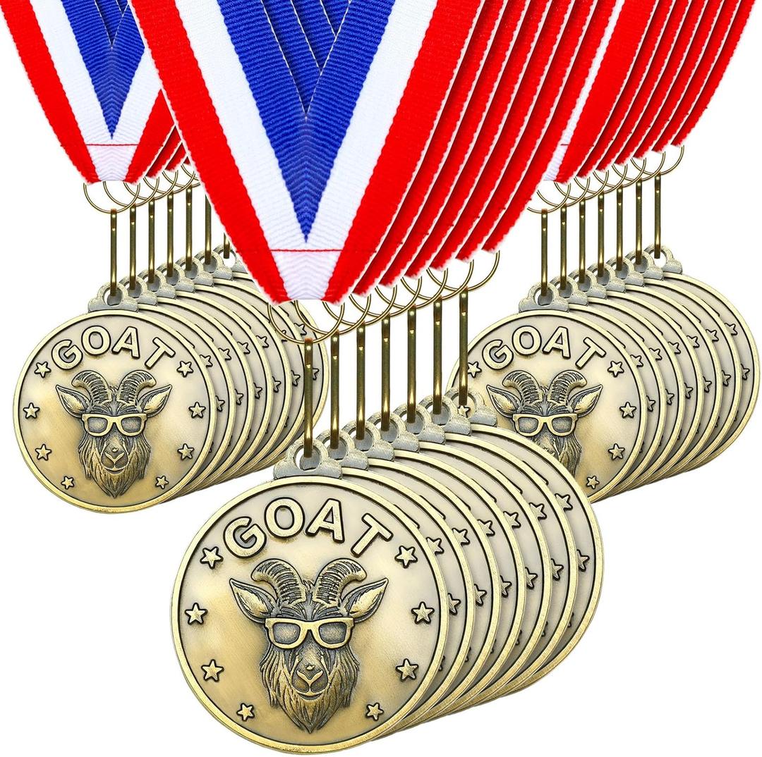 Remuuly 30-60 Pcs Goat Medals Bulk Greatest of All Time Medals MVP Award with Neck Ribbon All Time Goat Trophy Gold Champion Prize for Team Events, Sports Competitions