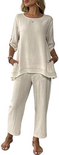 Women's Linen 2 Piece Outfits Rolled Sleeves Tops Wide Leg Trouser Pants Suits Summer Casual Dressy Linen Sets. Size S