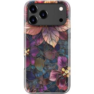 for iPhone 17 Pro Case Cute - Wireless Charging Compatible - Dual-Layer Hard Shell + Silicone Cover - Aesthetic Protective Trendy Phone Case for Women - Purple Flower Leaves