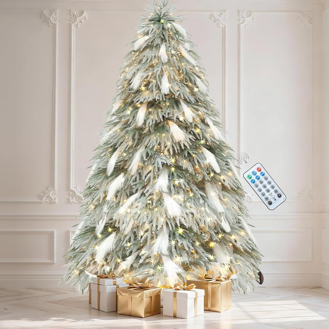 DWVO Pampas 6ft Flocked Christmas Tree with 400 LED Lights and 30 Reeds Like Plumes, Prelit Atificial Christmas Trees with Snow and 355 Mixed PE & PVC Branch Tips & Stand for Home Party Decoration