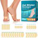 Gel Blister Bandages for Feet, 30ct Water-Resistant Hydrocolloid Bandages for Foot, Toe, & Heel, Blister Pads for Prevention & Recovery (32 Pcs