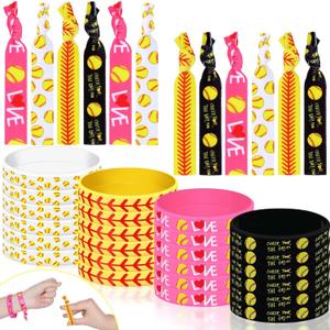 Dingion 48 Pieces Softball Accessories Set Includes 24 Softball Bracelets Wristband Silicone Bracelet 24 Hair Ties Sports Elastic Headband