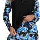 Halcurt Women's Long Sleeve Two Piece Rash Guard Swimsuit UPF Built in Bra Bathing Suit (Medium, Black Blue Floral + Printed Bottoms)