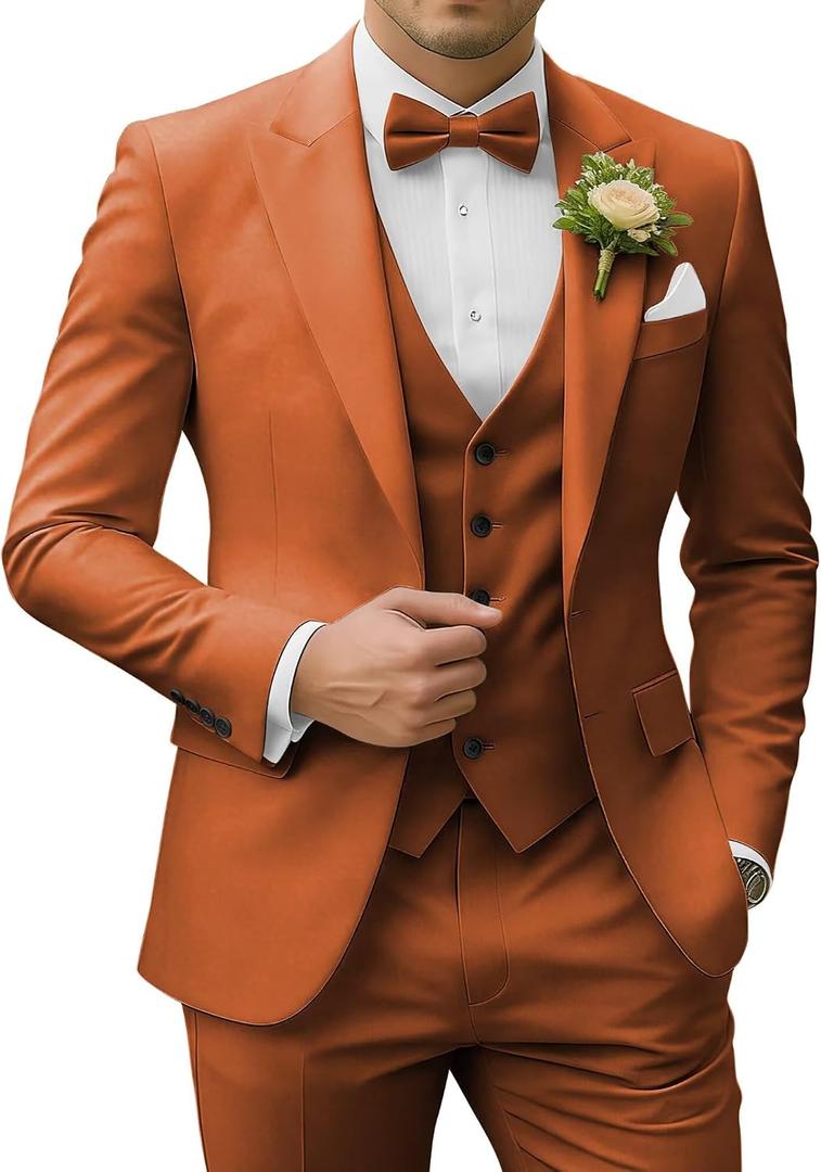 Men's 3 Piece Suits Slim Fit, Peak Lapel 2 Button Blazer Jacket Vest Pants Set, Wedding Business Prom Party Suit XS