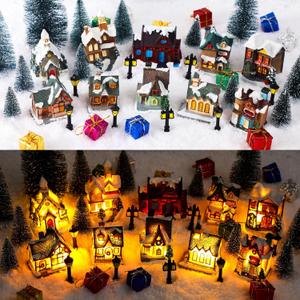 Shappy 48 Pcs Christmas Village Houses Town Buildings Accessories 10 Light up Christmas Village House 12 Mini Trees 12 LED Lights 2 Snow Blanket Gift Box for DIY(Classical Style)