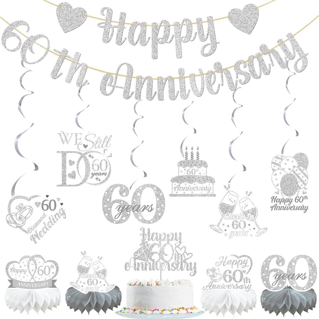 60th Diamond Wedding Anniversary Party Decorations Supplies Happy 60th Anniversary Banner Cake Topper Hanging Swirls Honeycomb Centerpiece Cheers to 60 Years Party