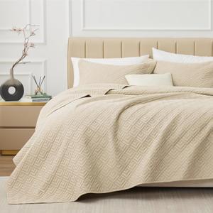 EXQ Home Quilt Set Twin Size Beige 2 Piece,Lightweight Soft Coverlet Modern Style Squares Pattern Bedspread Set for All Season(1 Quilt,1 Pillow Shams)