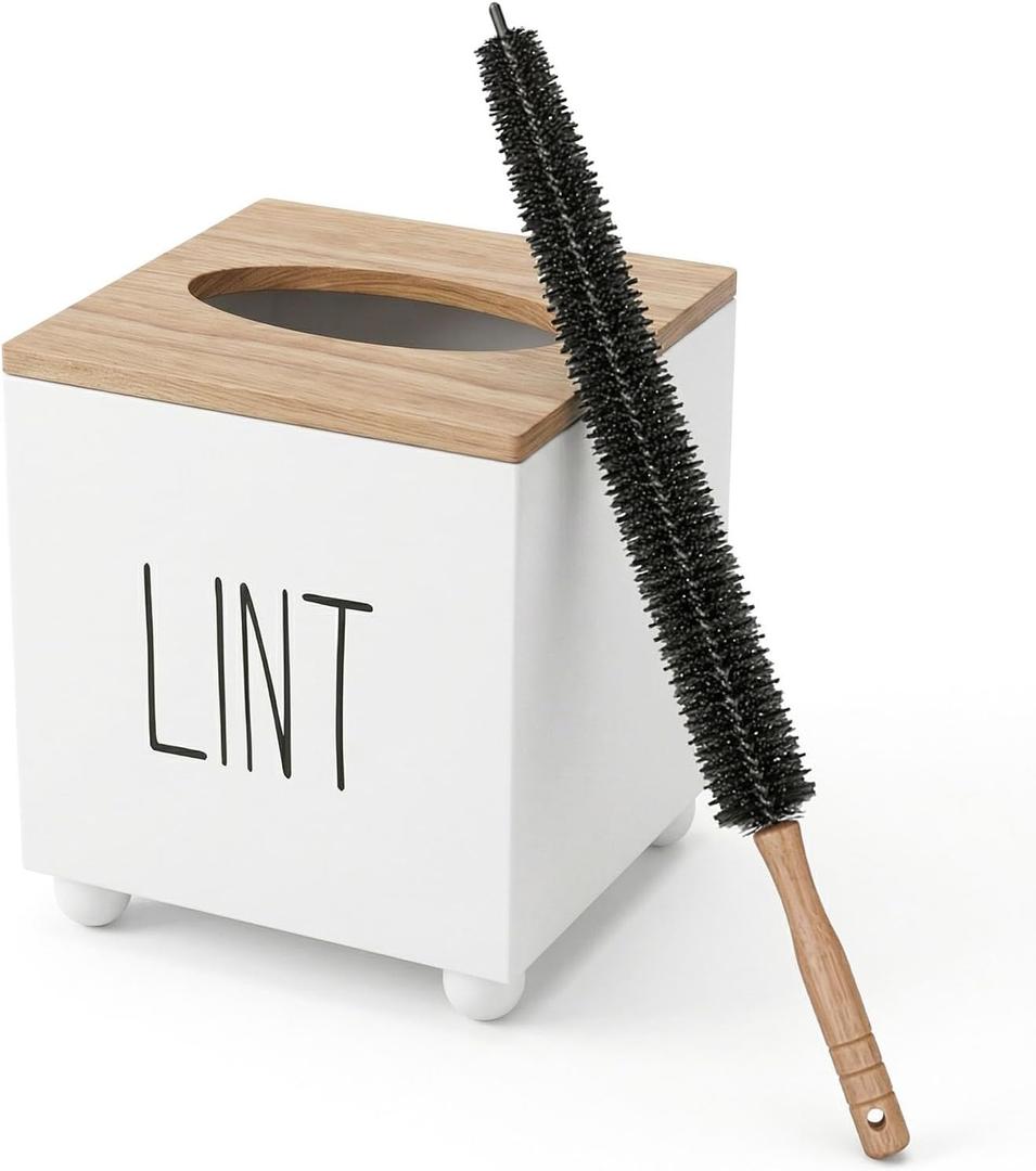 Lint Bin for Laundry Room, Farmhouse Lint Box, Wooden Lint Holder with Lid, Lint Container for Laundry Room Decor, Dryer Lint Trash Can for Laundry Accessory Organization (White)