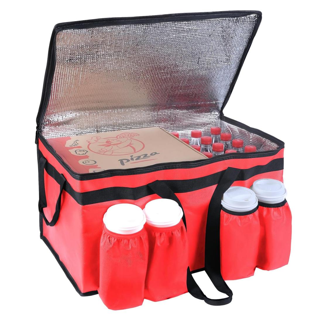 Insulated Food Delivery Bag with 4 Cup Holder, XX-Large Insulated Grocery Bags with Zippered Top, Cooler Bags with Drink Carrier, Food Carrier Catering Bag, Commercial Food Warmer bag, Red