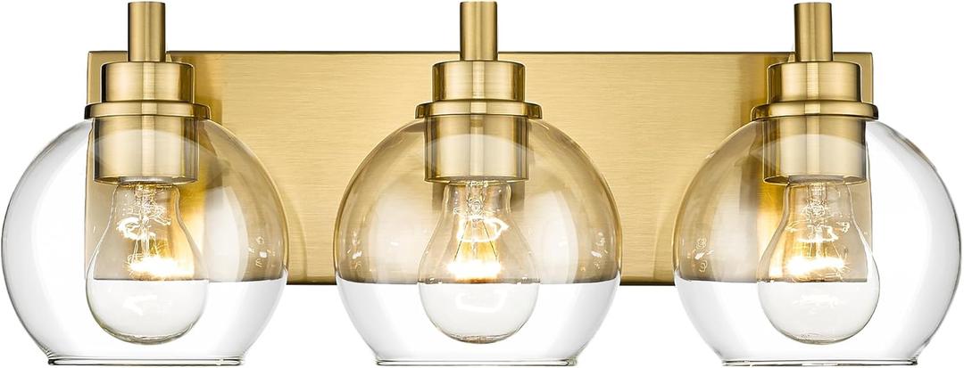 Bathroom Light Fixtures, 3-Light Brushed Gold Vanity Light, Modern Wall Sconces with Clear Glass Globe Shade, Bathroom Wall Lights for Mirror Kitchen Bedroom Hallway Living Room, VL195-GD-3