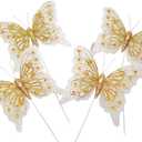 Set of 12 Glitter Monarch Feather Butterflies on Wire for Floral Arrangements and DIY Decorations (Gold)