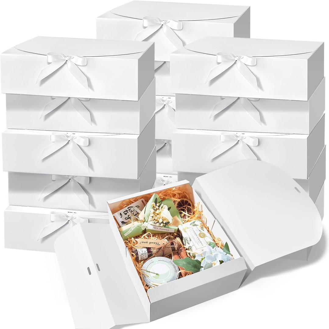 Kucoele 15 PCS Gift Boxes with Lids, 10.6 x 7.8 x 3.1 Inches Bridesmaid Gift Boxes, White Proposal Boxes with Ribbons for Wedding, Birthday, Graduation Present Packaging