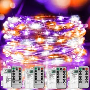 Curyidy Purple White Orange String Lights Halloween Decorations, 100LED Copper String Lights Battery Operated Fairy Lights with Remote Control for Home, Christmas,Party, Halloween Decor- 4 Pack