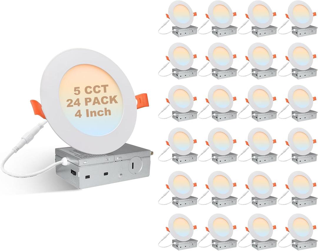 24 Pack 4 Inch 5CCT LED Recessed Lighting with Junction Box, Ultra-Thin Dimmable Canless Ceiling Lights, 11W 800LM Brightness, 2700K/3000K/3500K/4000K/5000K Selectable, IC&ETL&FCC