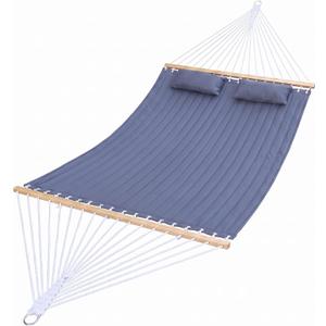 2 Person Double Quilted Hammock, Spreader Bars, 2 Pillows, Gray