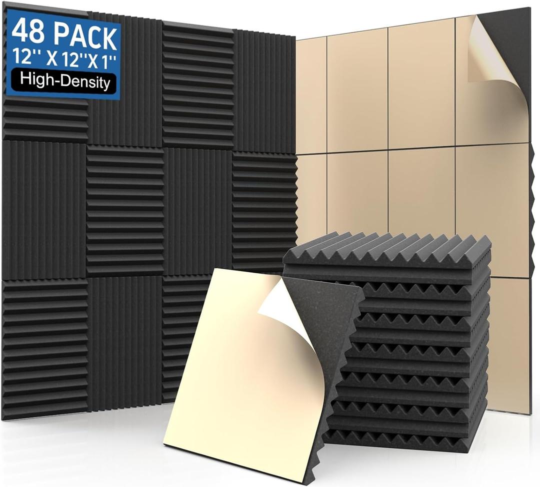 Sound Proof Foam Panels for Walls 48 Pack Acoustic Foam Panels with Self Adhesive 12" X 12" X 1" Wedges Acoustic Foam Panels Sound Dampening Panels