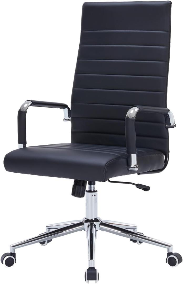 Modern High Back Office Desk Chair, PU Leather Ribbed Ergonomic Executive Conference Chair, Adjustable Swivel Task Chair with Arms, Black