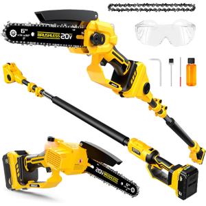 2-in-1 Cordless 6 Inch Pole Saw & Mini Chainsaw, 20V MAX* 3.0 Ah Battery Powered Chain Saw, Brushless Motor, Lightweight (7.1 lbs), 14.2 FT Max Reach Pole Saw for Tree Trimming, Wood Cutting