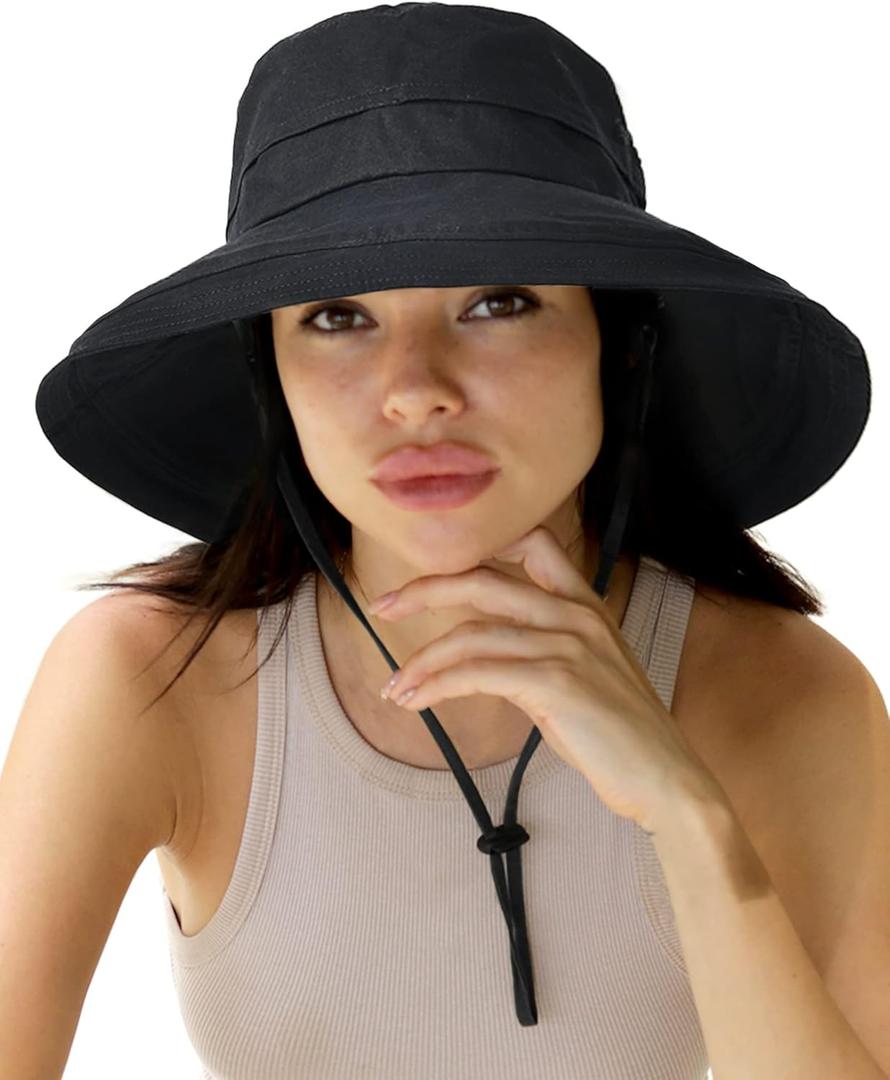 Sun Hats for Women Gardening Hat Wide Brim Ponytail Beach Sun Protection Breathable Cotton Summer Hat with Fold-Up Brim (Medium-Large, Black)