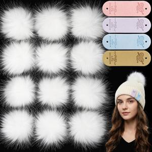Suncalla 12 Set 4 Inch White Faux Fur Pom Pom Balls with Elastic Loop Faux Leather Tags Personalized Leather Label for Hat Beanie Scarf Gloves Bag Accessory Clothes Knitting Crochet Item DIY