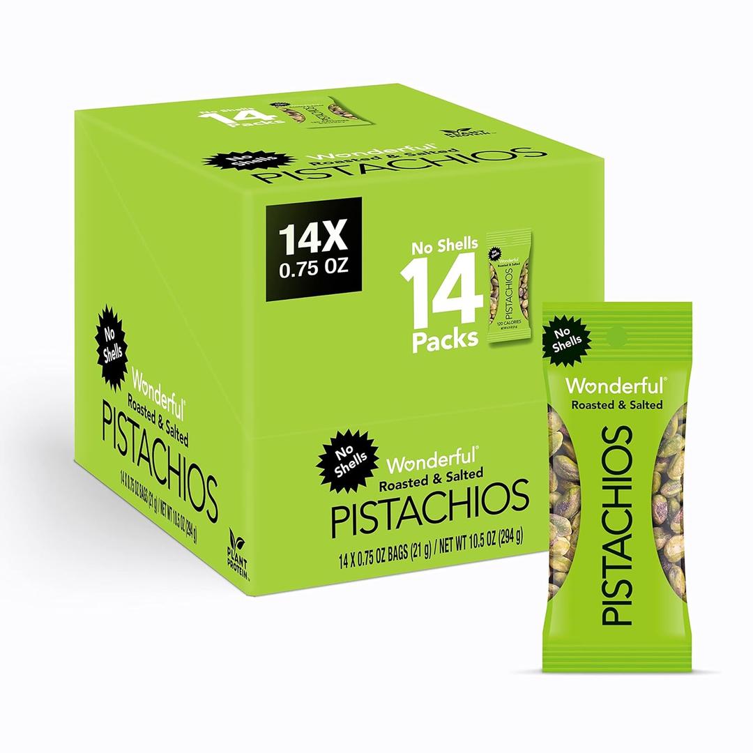 Wonderful Pistachios No Shells, Roasted & Salted Nuts, 0.75 Ounce Bag (Pack of 14), Protein Snacks, Vegan Snacks, On-the-Go, Individual Snacks for Adults (EXP 05/12/26)