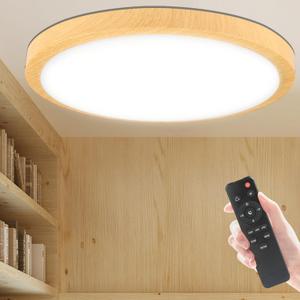Modern Dimmable Wood Flush Mount Ceiling Light,13Inch 24W LED Ceiling Lights Fixturewith Remote,3000K-4500K-6500K Round Ceiling Lights for Bedroom Closet Hallway