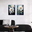 Flower Canvas Wall Art 2 Piece Navy Blue Gold and White Flower Picture Prints Floral Bloom Paintings for Bedroom Living Room Office Decor Framed(Flower,16.00" x 24.00" x 2PCS)