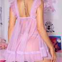 Women's 2 Piece Lace Mesh Babydoll Lingerie Set Sheer Chemise Nightgowns with Thongs Sleepwear (Purple, S)