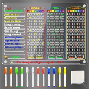 PigPotParty Acrylic Magnetic Chore Chart for Multiple Kids, 3-Kid Family, 16"x12" Large Dry Erase Chore Board, Responsibility Chart for Teens & Adults, with 12 Markers & Towel