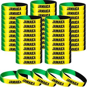 Leitee 24 Pcs Jamaican Silicone Bracelet Bulk Black Yellow Green Jamaican Country Flag Rubber Wristband for Men Women Birthday Party