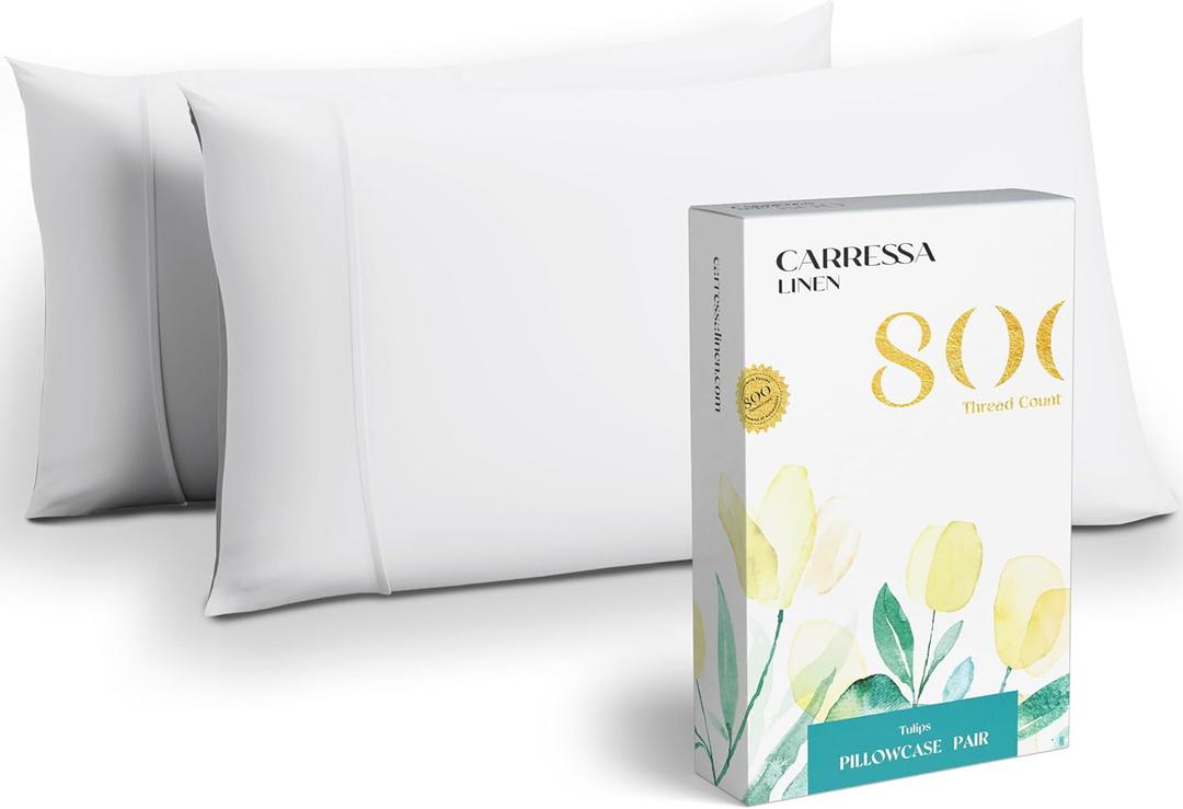 Carressa Linen 100% Egyptian Cotton Standard/Queen Size Pillow Cases Set of 2-800 Thread Count Crisp White Pillow Cover - Silky Soft, Breathable Cooling Pillowcases for Standard/Queen Pillows