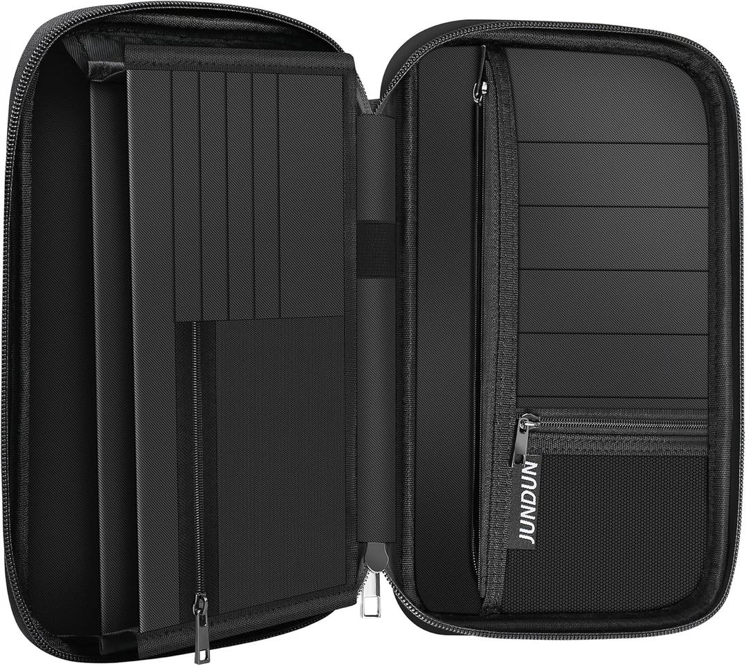 JUNDUN Family Passport Holder,Upgraded Material Fireproof Travel Passport Wallet with 2 Pockets,Travel Document Organizer Case for Passport,Card and Money (Large, Black)