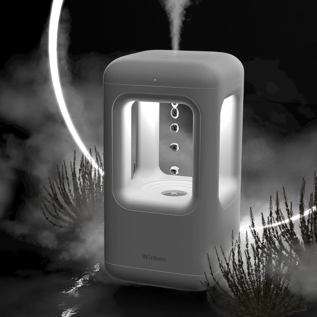 0.6L Mini Anti Gravity Humidifier, Cool Mist Humidifier for Bedroom & Desk, Water Drops Move Upward Visual Effect, Quiet 36dB Night Light, Auto Shut Off, Modern Minimalist Design
