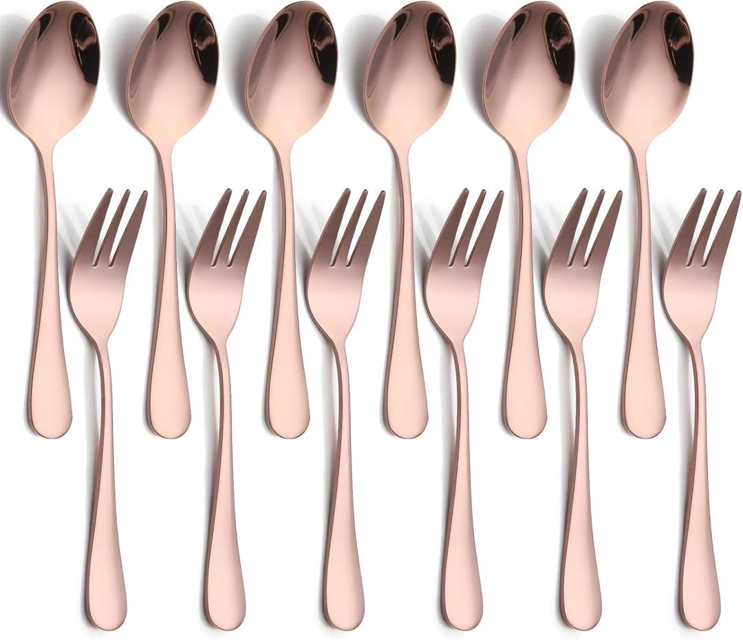 2 x 12 PCS Spoon and Fork Flatware Set, Rose Gold Silverware Cutlery Set, Stainless Steel Tableware 6 Forks (5.35 inch), 6 Spoons(5.25 inch) for Kitchen and Restaurant Mirror Polished