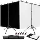 Black White Backdrop Screen with Stand Kit 5x6.5ft for Photo Video Studio, 2-in-1 Revisible Black Backdrop White Screen with T-Shaped Photography Background Support Stand and 5 Clamps