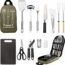 Camping Cooking Utensils Set, Stainless Steel Grill Tools, Camping BBQ Cookware Gear and Equipment for Travel Tenting RV Van Picnic Portable Kitchen Essentials Accessories (Green-13 PCS)