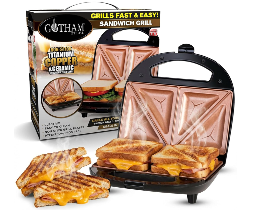Gotham Steel Nonstick Panini Press Sandwich Maker, 2in1 Breakfast Sandwich Maker Grill / Sandwich Press Grill with Indicator Light, Grilled Cheese Maker Makes 2 Sandwiches with Easy Cut Edges