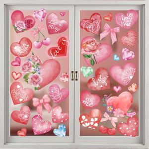 6 Sheets Red Pink Love Heart Window Clings Valentines Window Clings for Glass Windows Waterproof Electrostatic Cling Rose Bow Heart Window Stickers for Anniversary Store Mall Valentines Windows Decor