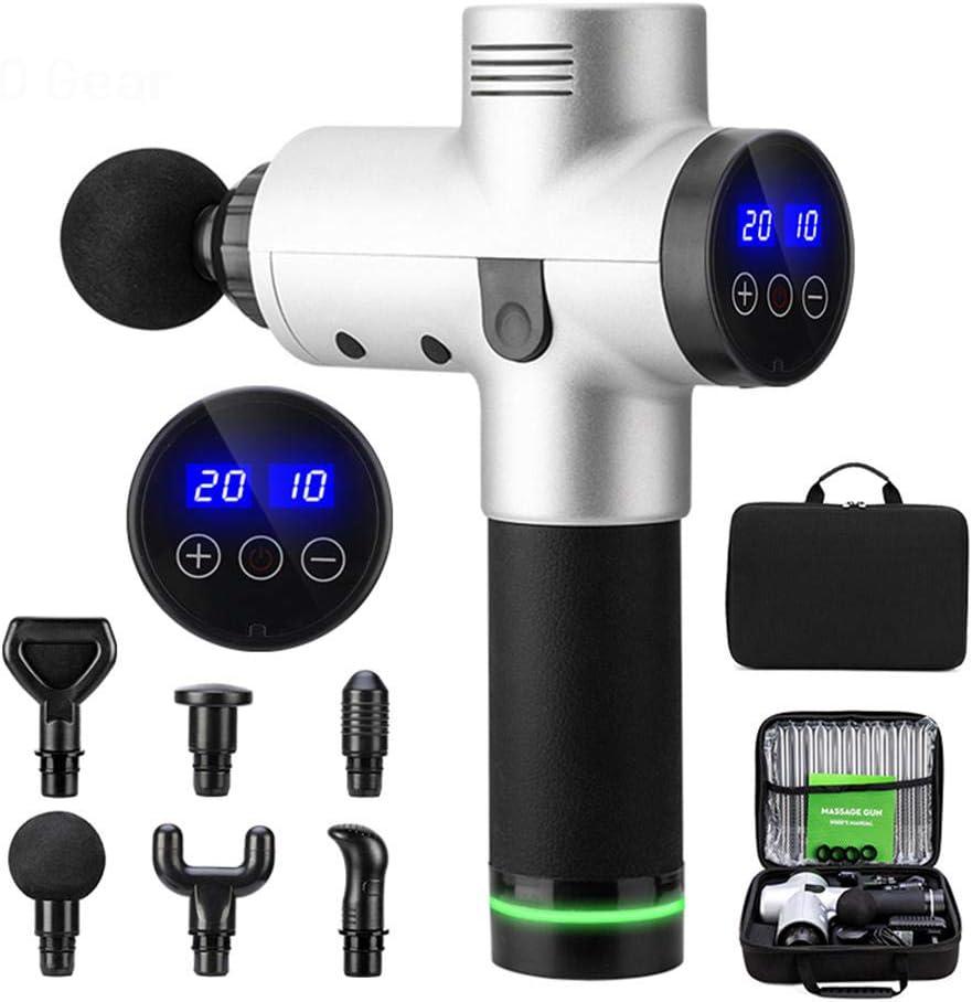 30 Gears LCD Touch Screen High Frequency Massage Gun Muscle Relax Body Relaxation Electric Massager with Portable Bag 6 Heads-20 Gears-Silver (20 Gears-Silver)
