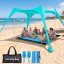 12x12 FT Beach Tent Sun Shelter UPF 50+, XL Beach Canopy with 4 Thickened Aluminum Poles, Sandbags, Windproof Portable Beach Sun Shade with Beach Blanket, Shovels, for Outdoor Camping Fishing RV Trip