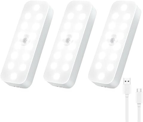 Under Cabinet Lighting Motion Sensor - 3 Pack Rechargeable Closet Lights Indoor Battery Operated, Stick-on Magnet LED Nightlight for Bedroom, Wireless Cabinet Lights, Motion Sensor Step Night Light