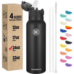Han's Bottle Sports Water Bottle - 24 Oz, Straw Lid, Leak Proof, Vacuum Insulated Stainless Steel, Double Walled, Thermo Mug,Black