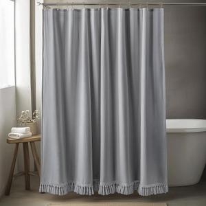 Grey Shower Curtain Linen Shower Curtain with Tassels Boho Shower Curtains for Bathroom Rustic Farmhouse Shower Curtains Bath Decor (72"x72")